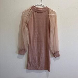 Oak Fort Pink Knit Mini‎ Dress Sheer Mesh Balloon Sleeve Mock Neck OS Rose Pink